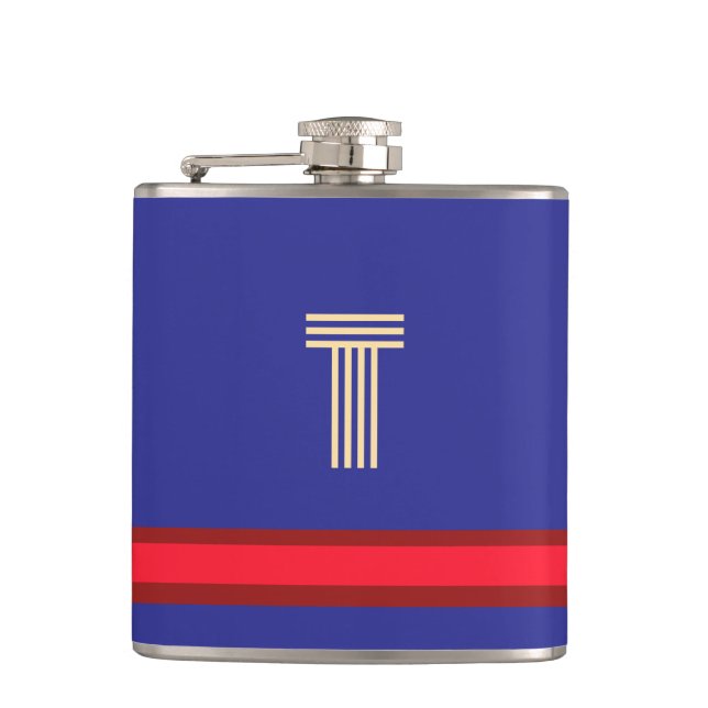 Personalize With Your Initial Blue + Red Stripe  Flask (Front)