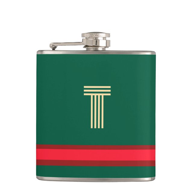 Personalize With Your Initial Green + Red Stripe  Flask (Front)