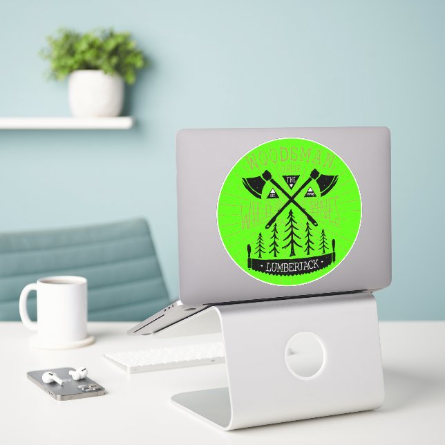 Personalize Woodsman Lumberjack Crossed Axes Pines Sticker (Laptop On Desk)