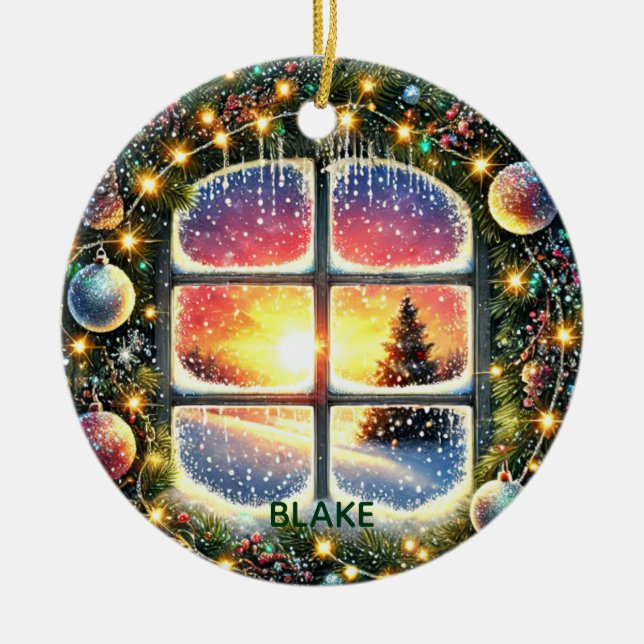 Personalize Wreath Winter Wonderland Kids Keepsake Ceramic Ornament (Front)