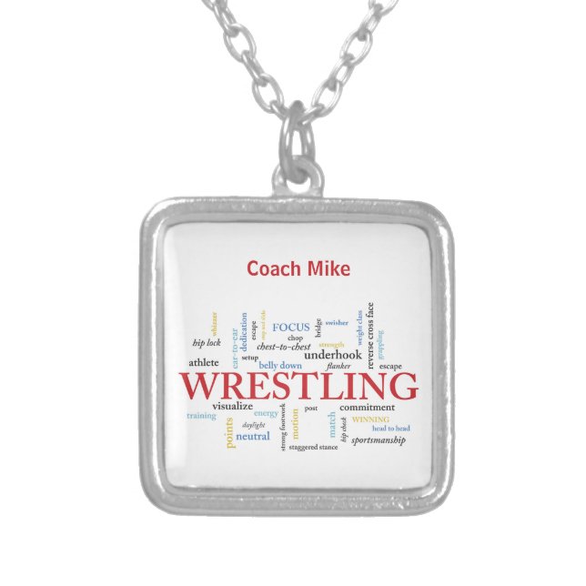 Personalize, Wrestling Coach Thank You in Words Silver Plated Necklace (Front)