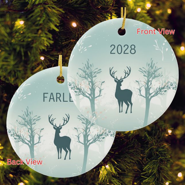 Personalize Year & Name - Deer and Tree Pattern Ceramic Ornament (Creator Uploaded)