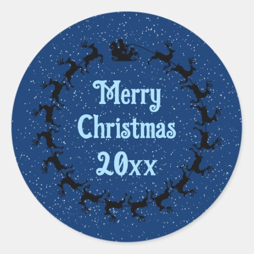 Personalize YEAR Santas Sleigh Delivery Blue Classic Round Sticker