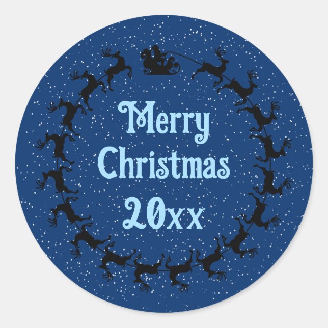 Personalize YEAR Santa's Sleigh Delivery Blue Classic Round Sticker (Front)