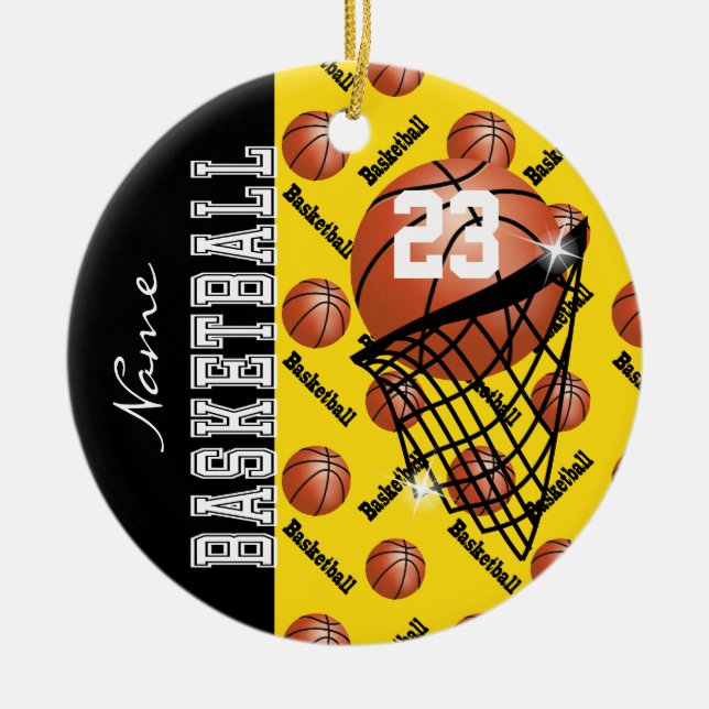 Personalize Yellow Basketball Ceramic Ornament (Front)