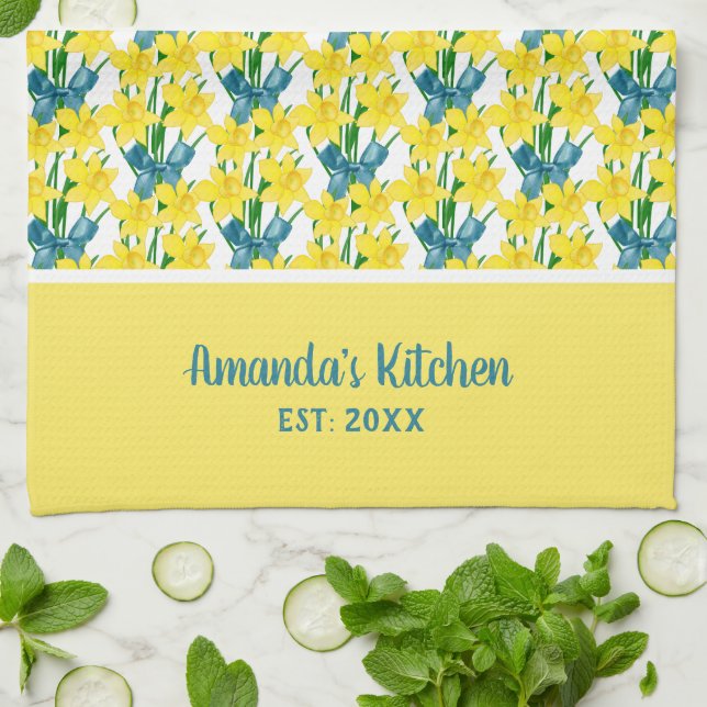 Personalize Yellow Daffodils Floral Pattern  Kitchen Towel (Folded)