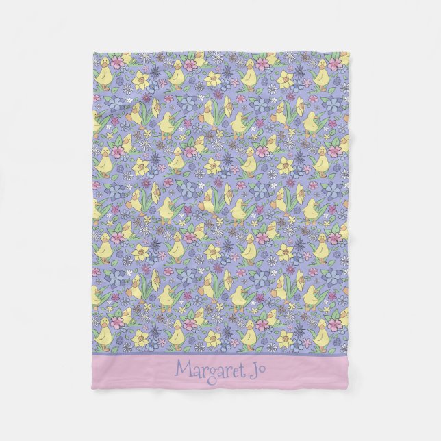 Personalize Yellow Duckling Wildflowers Cute Kids Fleece Blanket (Front)