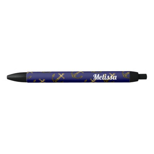 Personalize Yellow Gold sparkles Anchor Navy Blue Black Ink Pen