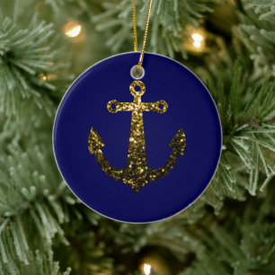 Personalize Yellow Gold sparkles Anchor Navy Blue Ceramic Ornament