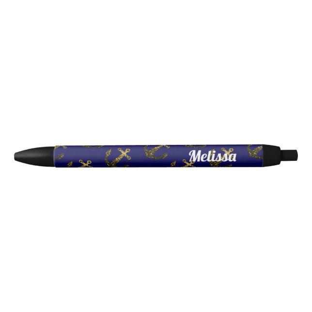 Personalize Yellow Gold sparkles Anchor Navy Blue Pen (Front)