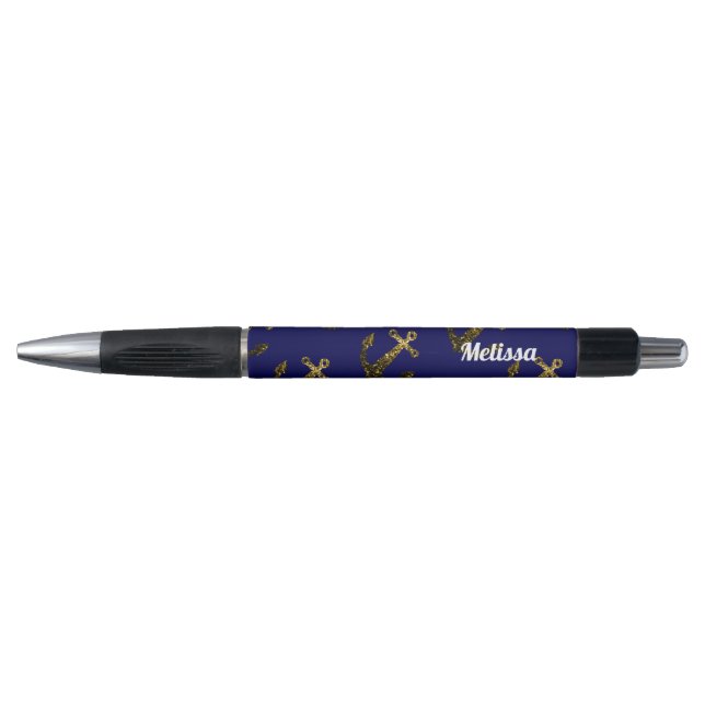 Personalize Yellow Gold sparkles Anchor Navy Blue Pen (Front)