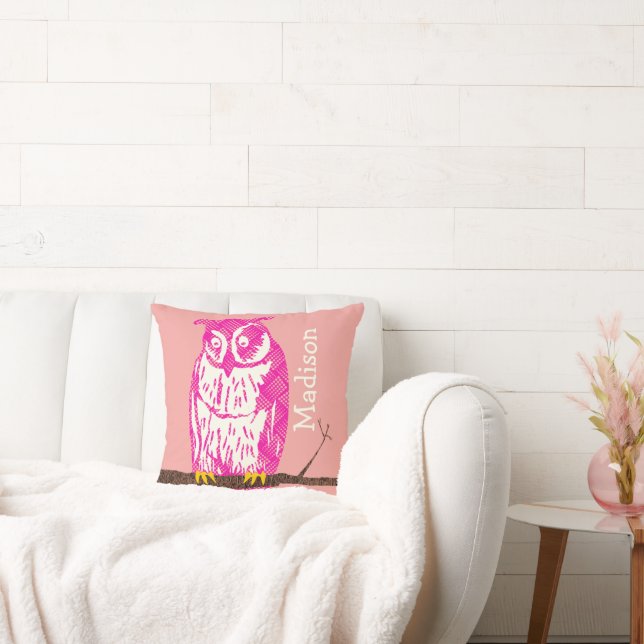 Personalize Yellow Peachy Pink Baby Girl Cute Owl Throw Pillow (Couch)