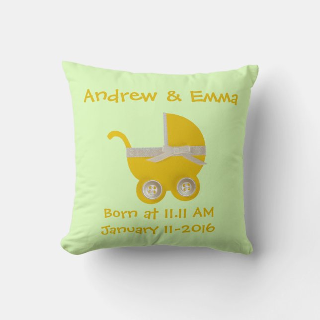 Personalize, yellow stroller and white bow throw pillow (Front)
