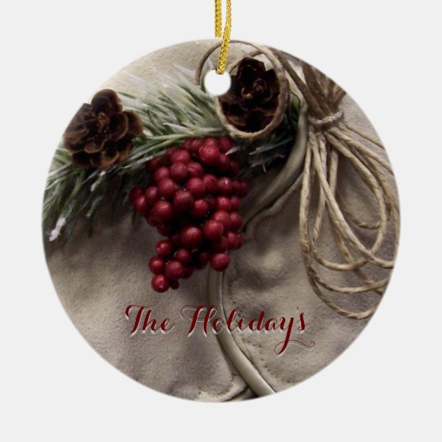 Personalize your Berries and Pinecones Ceramic Ornament (Front)