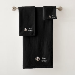 Personalize Your Initials Black Soccer Ball Bath Towel Set