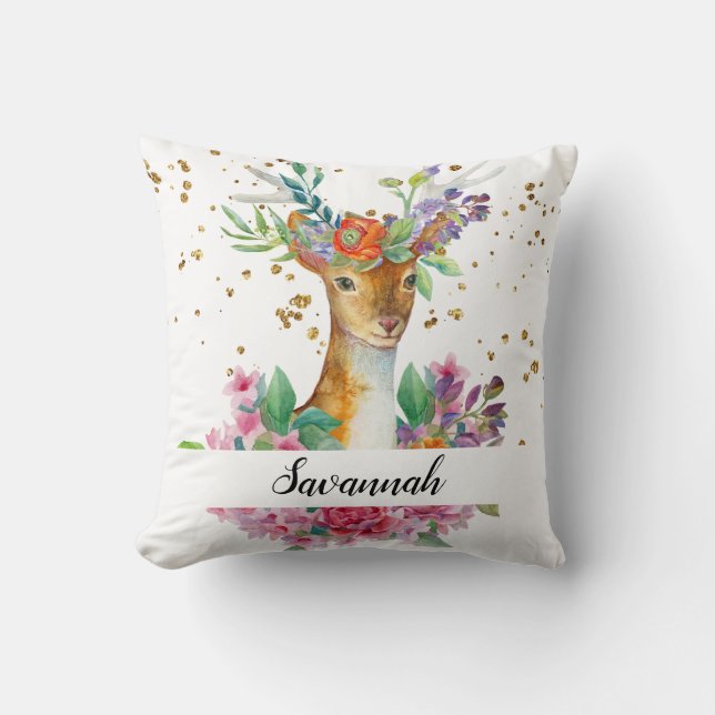Personalize Your Own Beautiful Floral Deer Throw Pillow (Front)