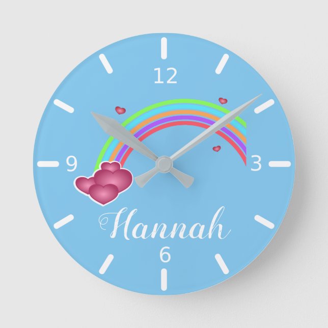 Personalize Your Own Colorful Rainbow & Hearts Round Clock (Front)