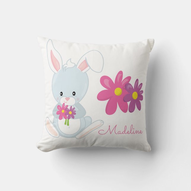 Personalize Your Own Cute Floral Woodland Bunny Throw Pillow (Front)