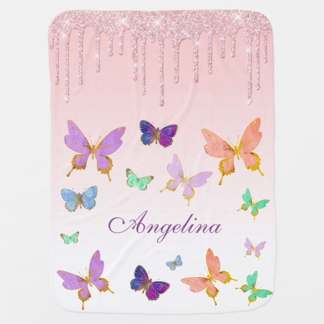 Personalize your own dripping glitter butterfly baby blanket (Front)