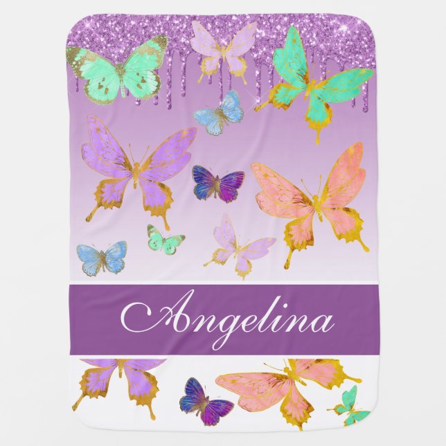 Personalize your own Dripping Glitter Butterfly Baby Blanket (Front)