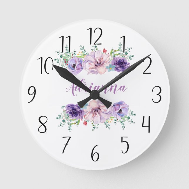 Personalize Your Own Purple Floral Round Clock (Front)
