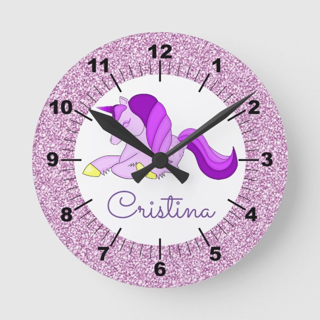 Personalize Your Own Purple Unicorn Round Clock (Front)