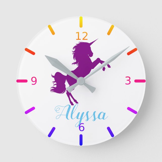 Personalize Your Own Purple Unicorn Round Clock (Front)