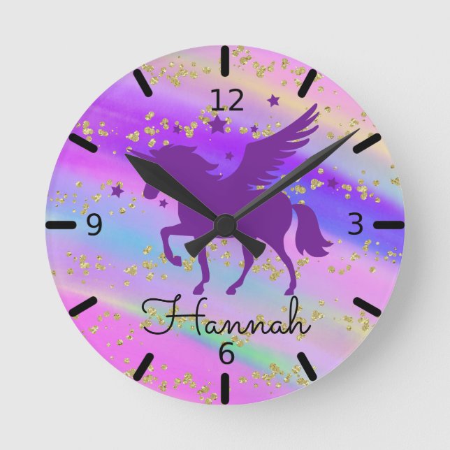 Personalize Your Own  Purple Unicorn Round Clock (Front)