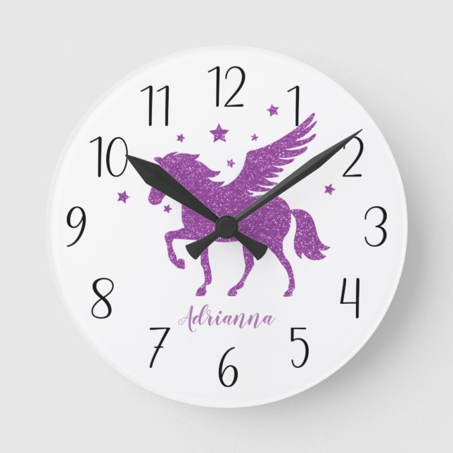 Personalize Your Own Purple Unicorn Round Clock (Front)