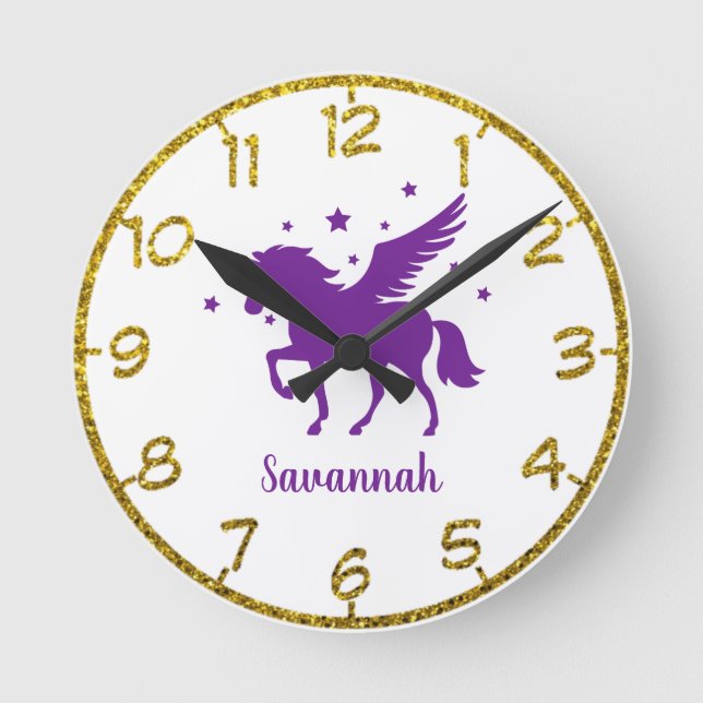 Personalize Your Own  Purple Unicorn Round Clock (Front)