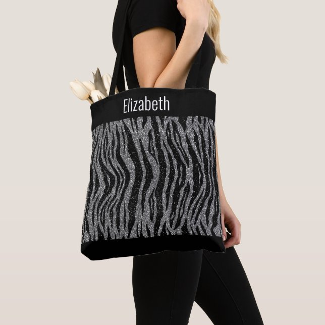 Personalize Zebra Print Black Silver Bridesmaids Tote Bag (Close Up)