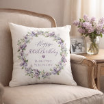 Personalized 100th Birthday Gift Purple Lilac Throw Pillow<br><div class="desc">Here's a great 100th birthday gift idea! It takes only minutes to add the birthday celebrant's name and create a unique keepsake gift. The soft watercolor lilac wreath is perfect for a spring birthday or a woman who just loves lilacs. The calligraphy is elegant and sophisticated and matches the birthday...</div>
