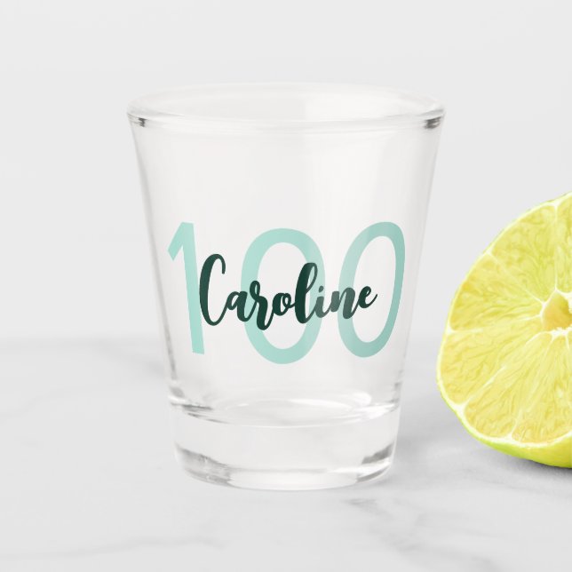 Personalized 100th Birthday Modern Teal Script Shot Glass (Front)