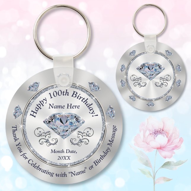 Personalized, 100th Birthday Party Favors Keychain (100th birthday party favors. Birthday party ideas for 100 year old woman. 100th birthday souvenirs.)