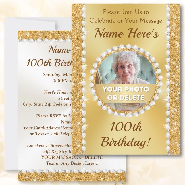 Personalized, 100th Birthday Party Invitations (Personalized and Photo, 100th birthday party invitations. 100th birthday ideas for female. Woman.)