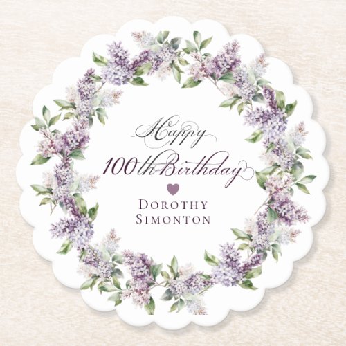 Personalized 100th Birthday Purple Lilac Flower Paper Coaster