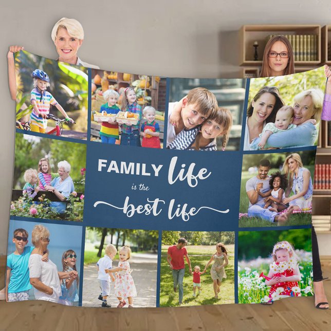 Personalized 10 Photo Collage Family Life Blue Fleece Blanket (Creator Uploaded)