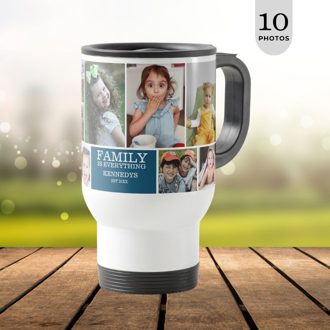 Personalized 10 Photo Collage Family Quote Blue Travel Mug (Creator Uploaded)