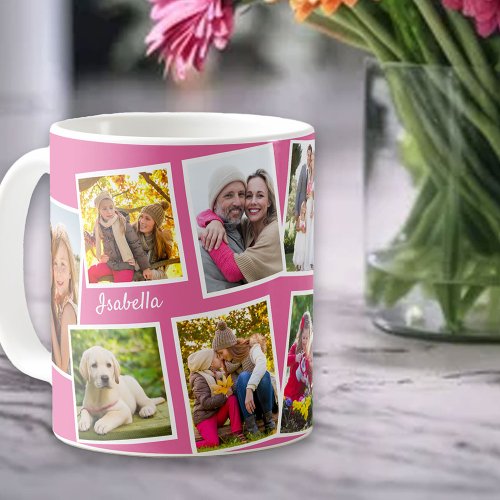 Personalized 10 Photo Collage Pink Coffee Mug
