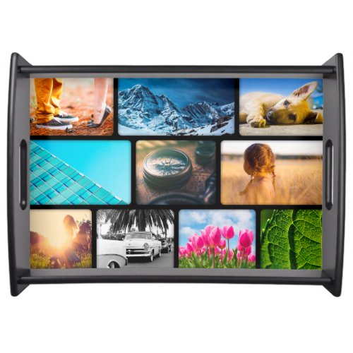 Personalized 10 Photo Template Collage Black Frame Serving Tray