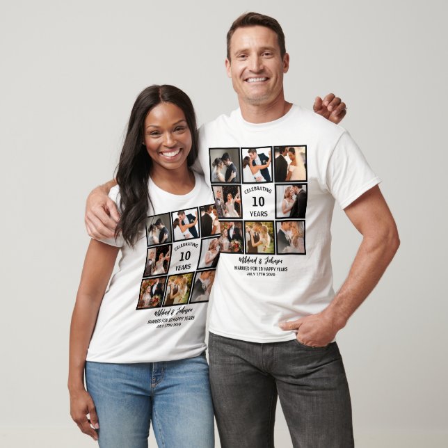Personalized 10 Years Anniversary 8 Photo Collage T-Shirt (Unisex)