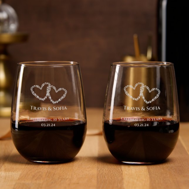 Personalized 10th Anniversary Gift Unique Hearts Stemless Wine Glass (Party)