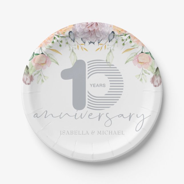 Personalized 10th Wedding Anniversary Floral Paper Plates (Front)