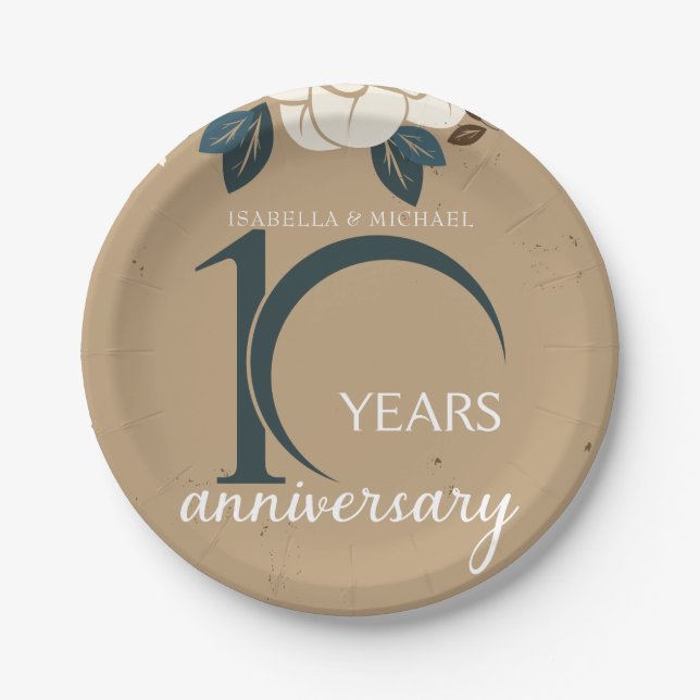 Personalized 10th Wedding Anniversary Rustic Paper Plates (Front)