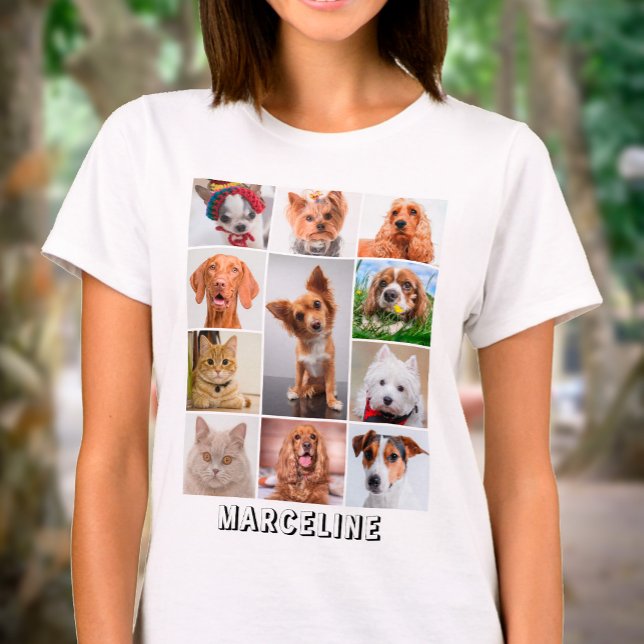 Personalized 11 Pet Photo Collage Grid with Text T-Shirt (Pet Photo Collage Tshirt)