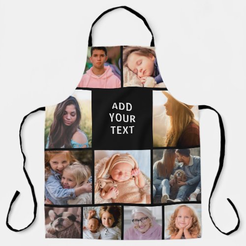 Personalized 11 Photo Collage Apron - Personalized kitchen apron featuring a black background that can be changed to any color, 11 photos of your choice, and a simple text template.