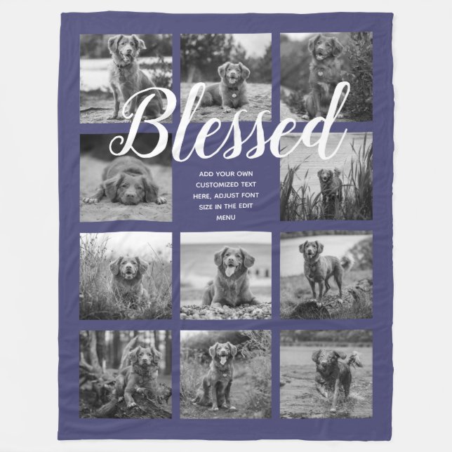 Personalized 11 Photo Collage BLESSED Navy Blue Fleece Blanket (Front)