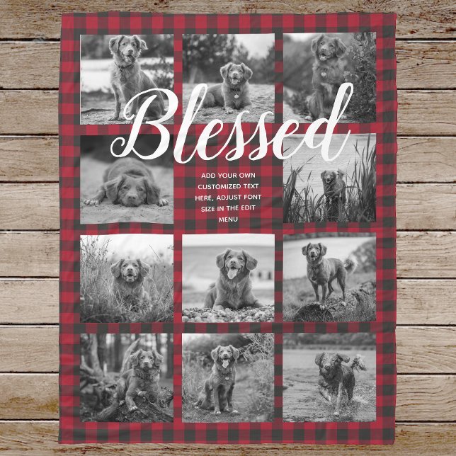 Personalized 11 Photo Collage BLESSED Red Plaid Fleece Blanket (Creator Uploaded)