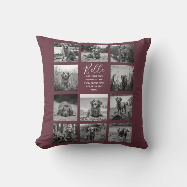 Personalized 11 Photo Collage Burgundy Throw Pillow (Front)