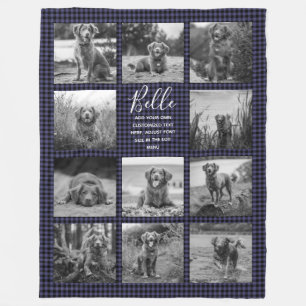 Personalized 11 Photo Collage Navy Blue Check Fleece Blanket